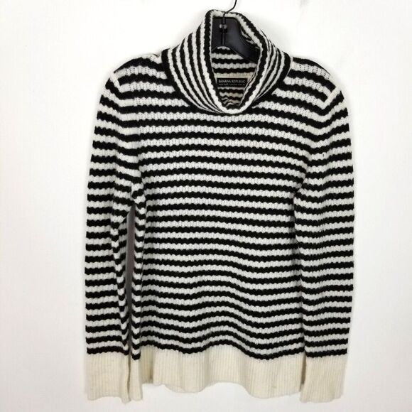 Banana Republic Women Turtleneck Striped Wool Alpaca Sweaters Sz M Black White - Picture 1 of 7
